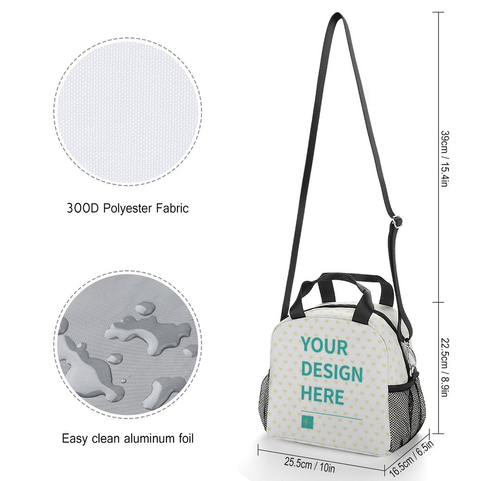 Customizable lunch box, 300D polyester material, personalized design options, reusable meal bag for boys, girls, and adults.