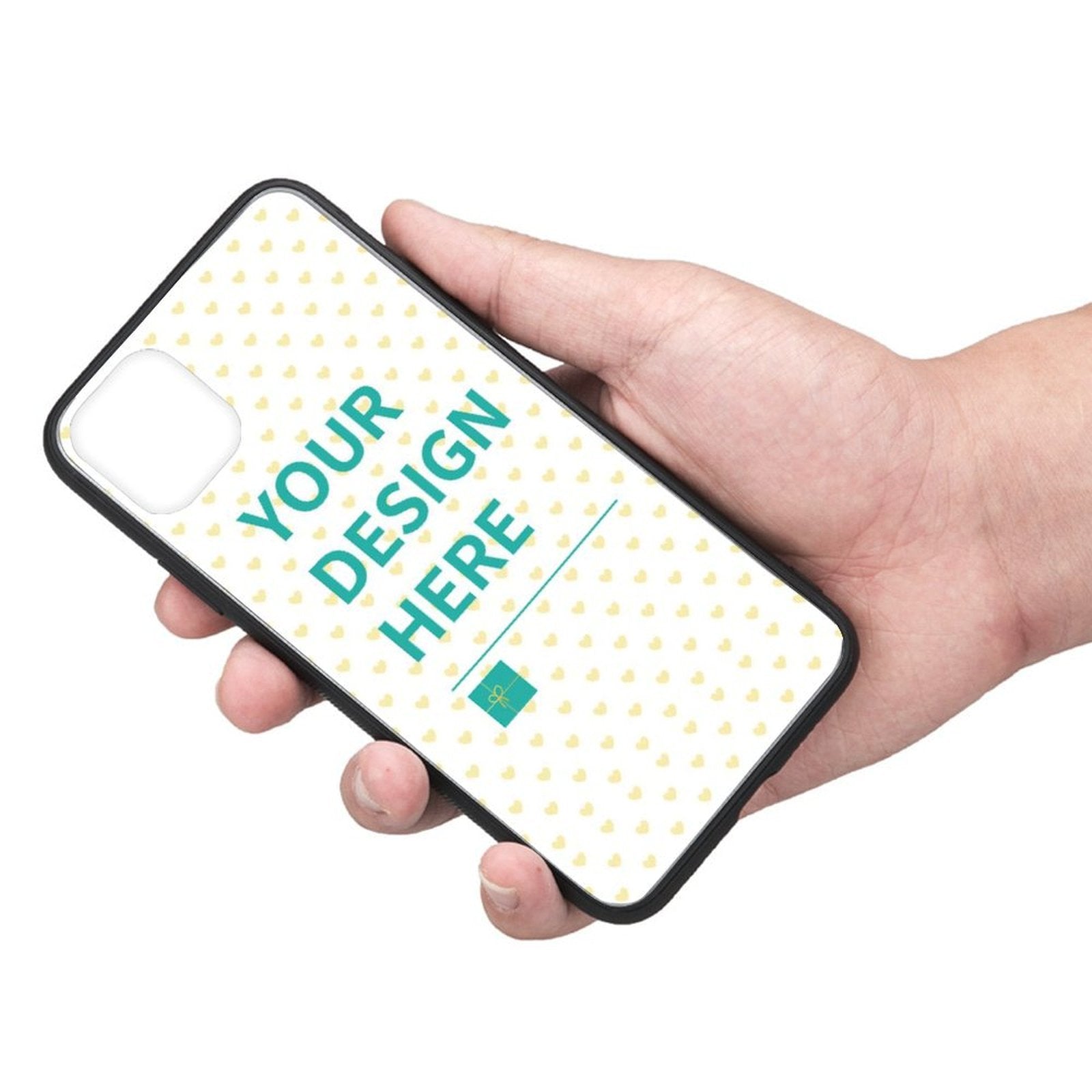 Custom iPhone 11 Pro case with YOUR DESIGN HERE text and heart pattern, anti-scratch, personalized gift