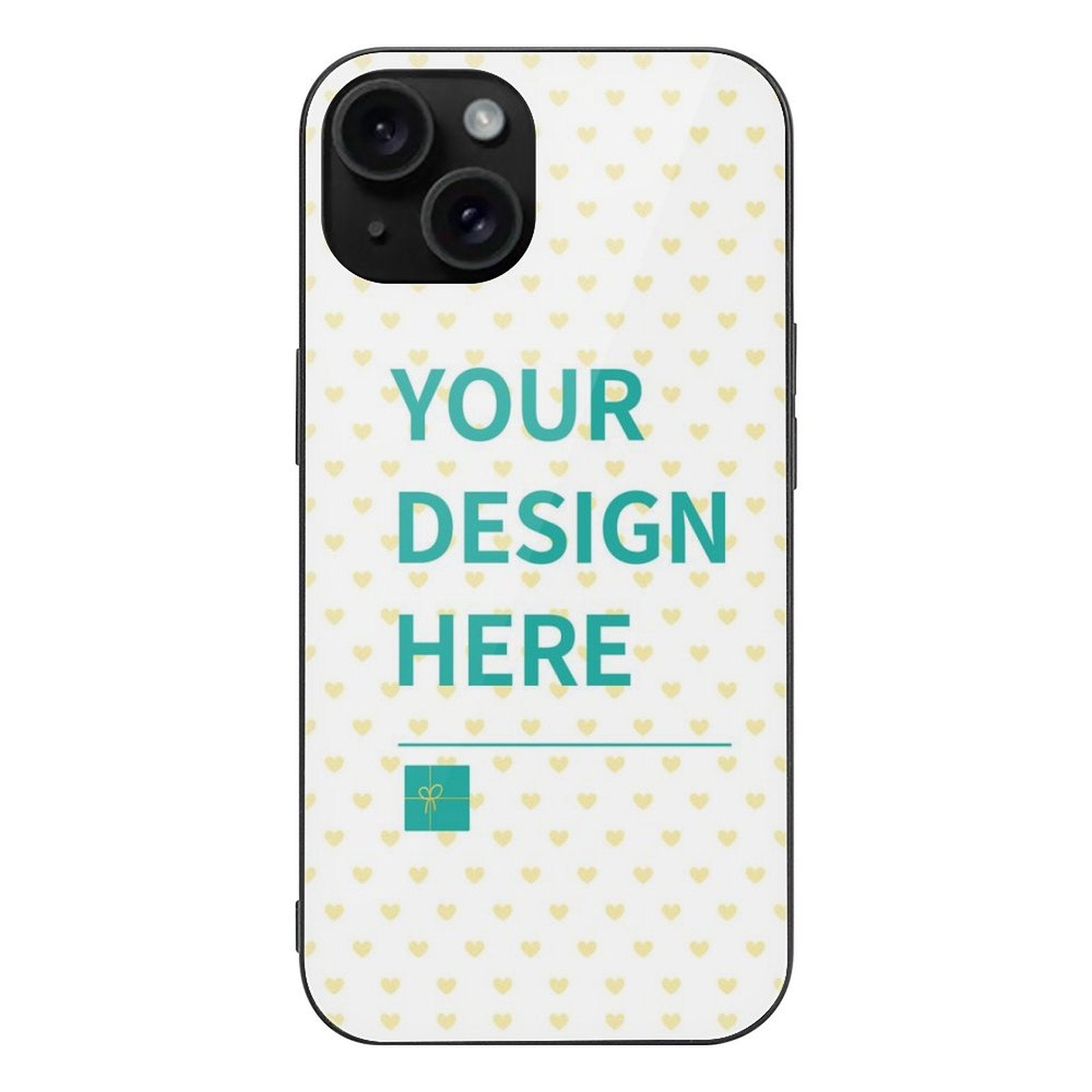 Customizable iPhone 15 series case with a heart pattern and 'Your Design Here' text. Made of glass and TPU material.