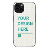 Customizable iPhone 15 series case with a heart pattern and 'Your Design Here' text. Made of glass and TPU material.