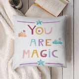 White plush pillow cover with 'You Are Magic' text, decorative throw pillow for sofa or bed, by MyArtsyGift.