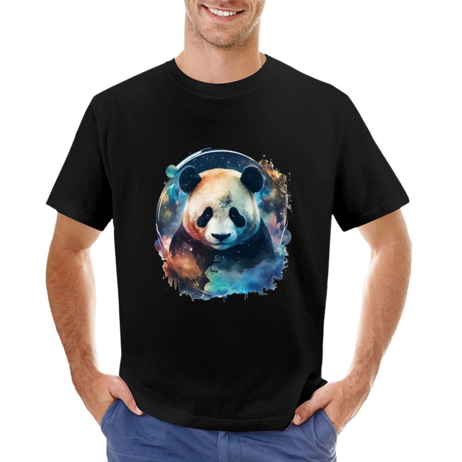 Men's black crew neck t-shirt with panda bear graphic, comfortable cotton tee from MyArtsyGift, suitable for all occasions