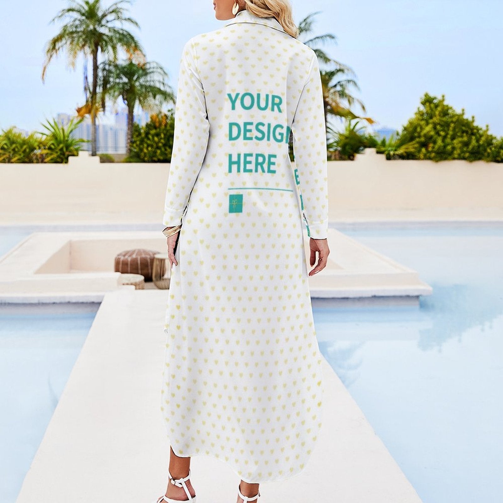 Customizable women's long sleeve button down shirt dress with all-over heart pattern. Your Design Here.