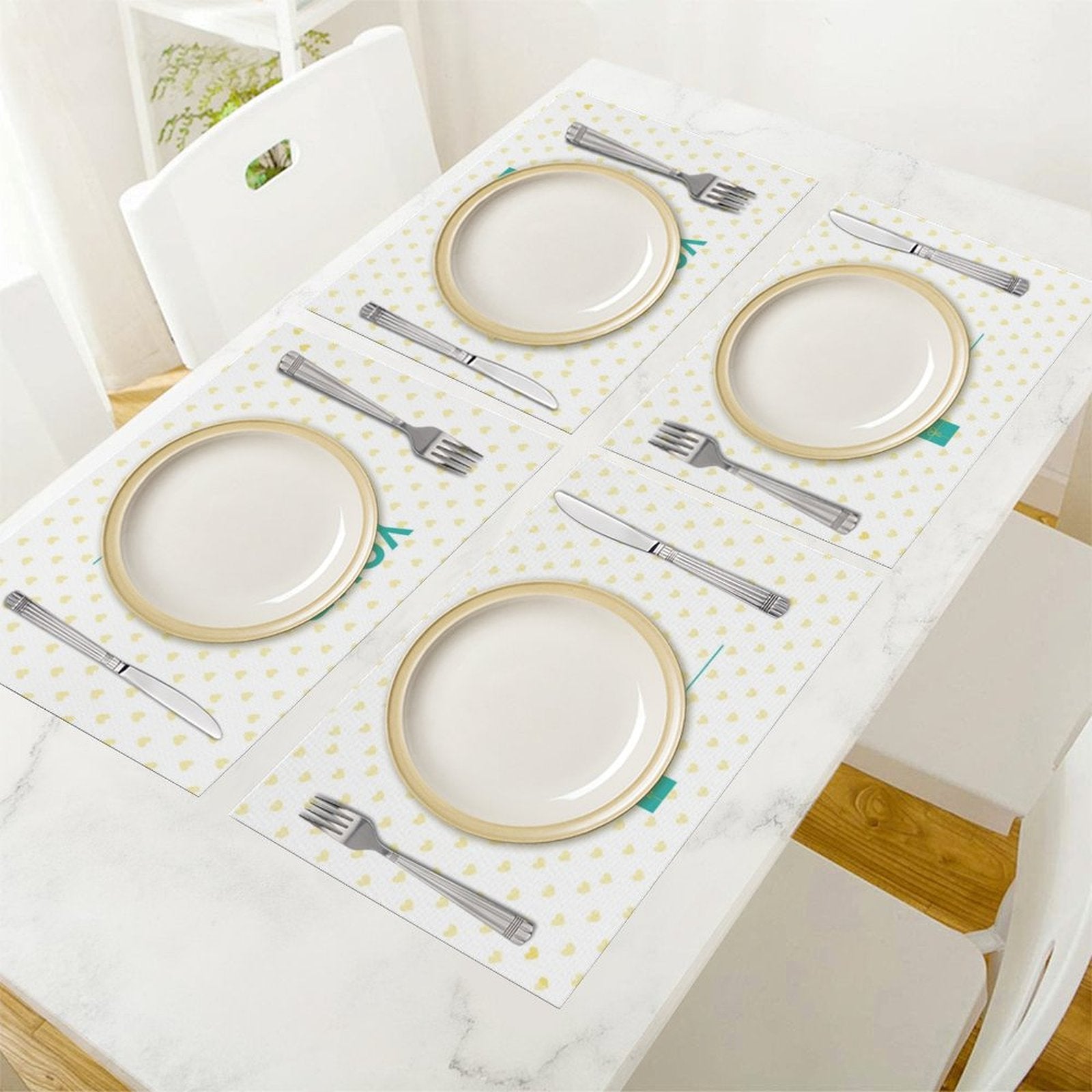 Custom placemats with heart pattern, plate, silverware, perfect dining decor