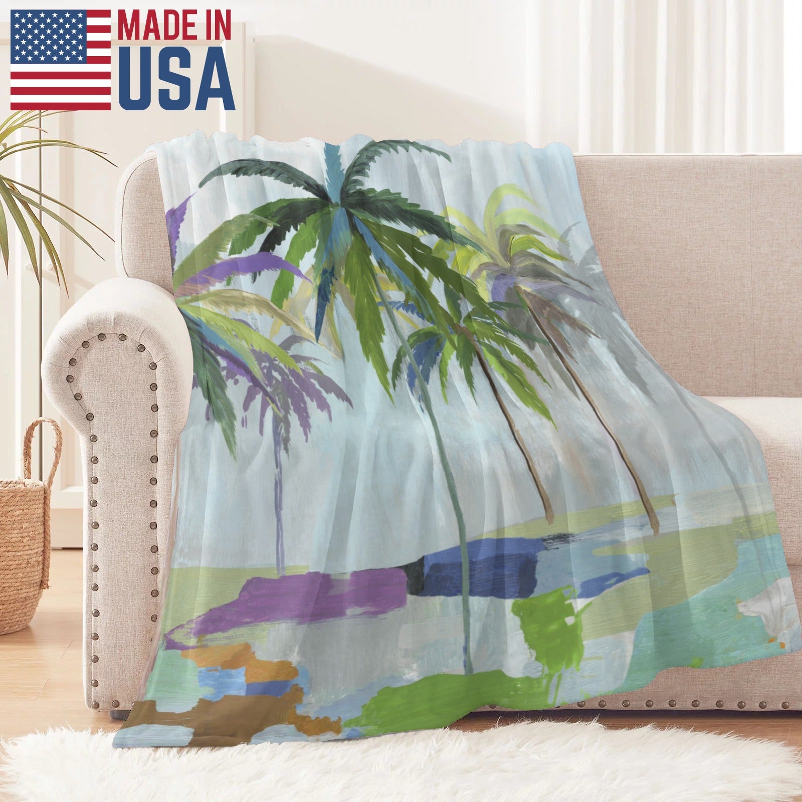Abstract coconut palm trees flannel blanket on sofa, Made in USA, perfect for bed or couch. MyArtsyGift.com product.