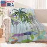 Abstract coconut palm trees flannel blanket on sofa, Made in USA, perfect for bed or couch. MyArtsyGift.com product.