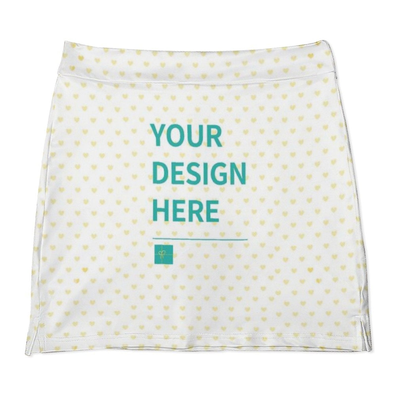 Customizable tennis golf skort with "YOUR DESIGN HERE" text, white fabric with heart pattern, MyArtsyGift.