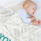Custom fleece blanket with yellow hearts, baby sleeping, warm and cozy blanket for bed, sofa, travel