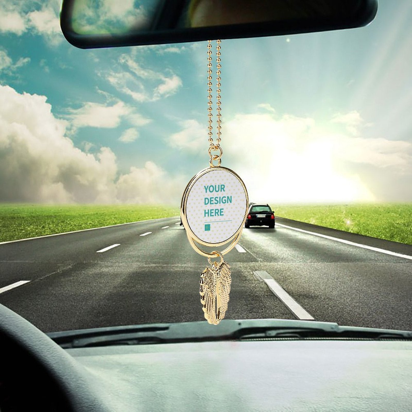 Personalized gold car rear view mirror hanging ornament with angel wings and customizable design area. Zinc alloy material.