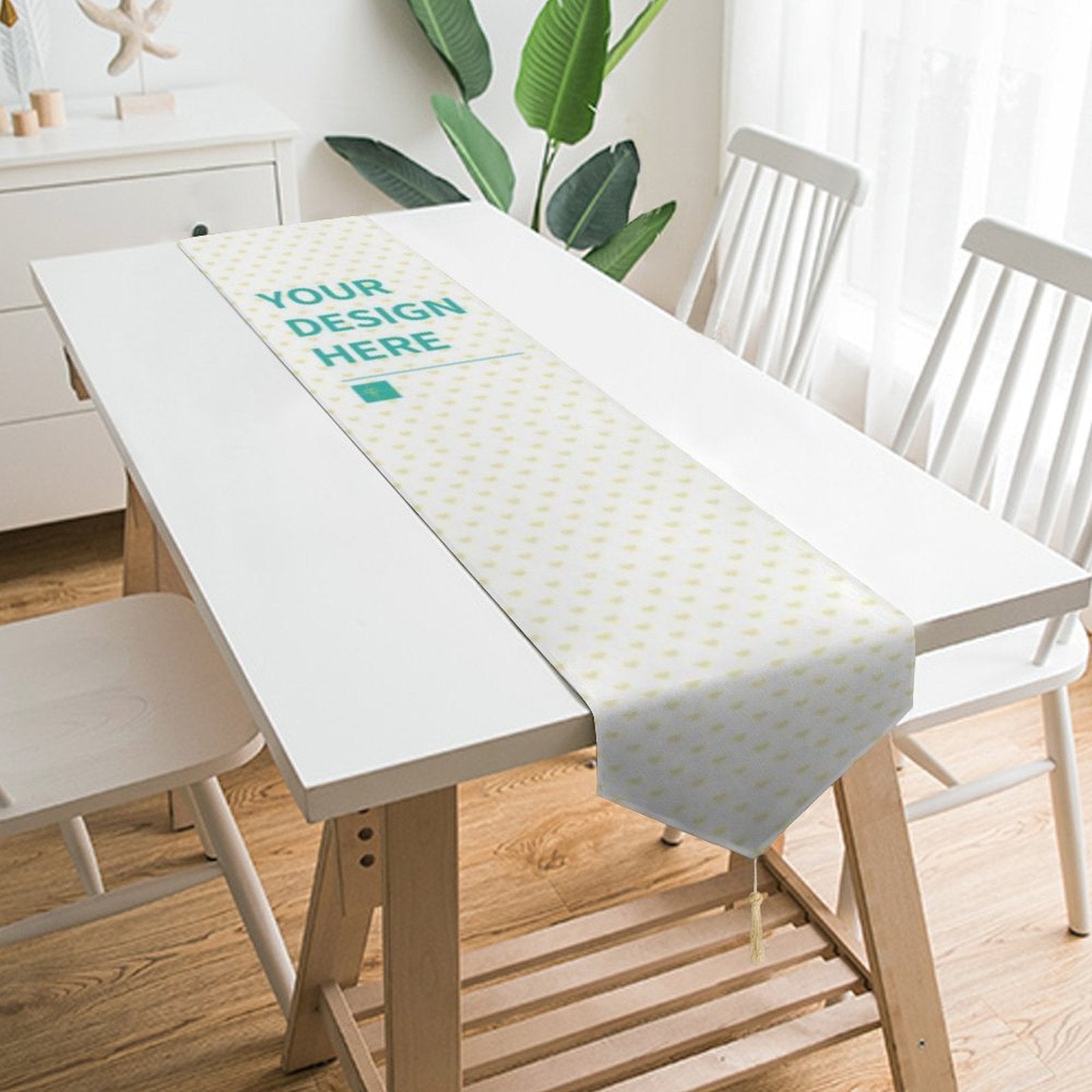 Custom table runner with "YOUR DESIGN HERE" design, great for parties and weddings. Made of short plush material.