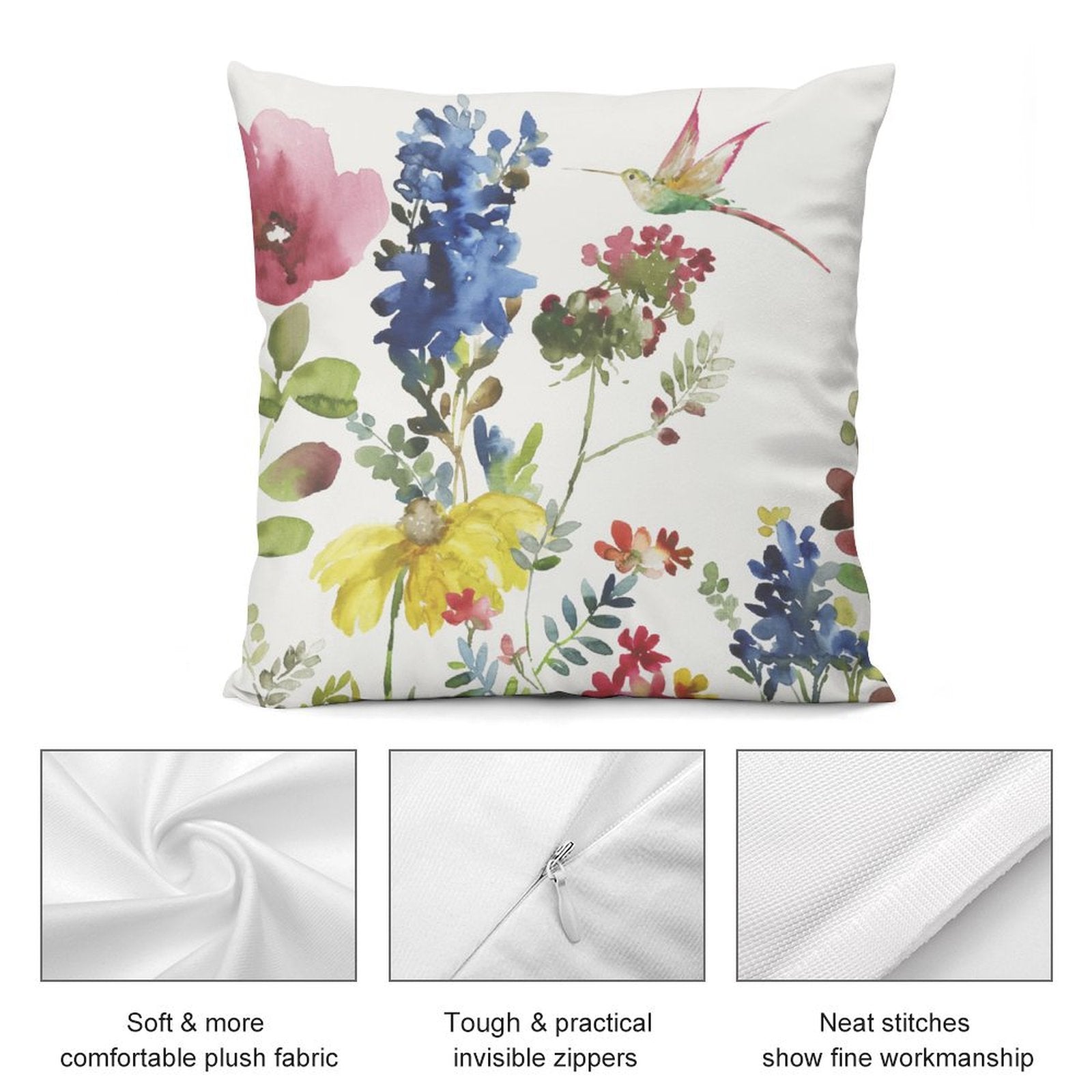 Watercolor floral plush pillow cover with hummingbird design. Soft plush fabric, invisible zippers, neat stitching.