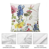 Watercolor floral plush pillow cover with hummingbird design. Soft plush fabric, invisible zippers, neat stitching.