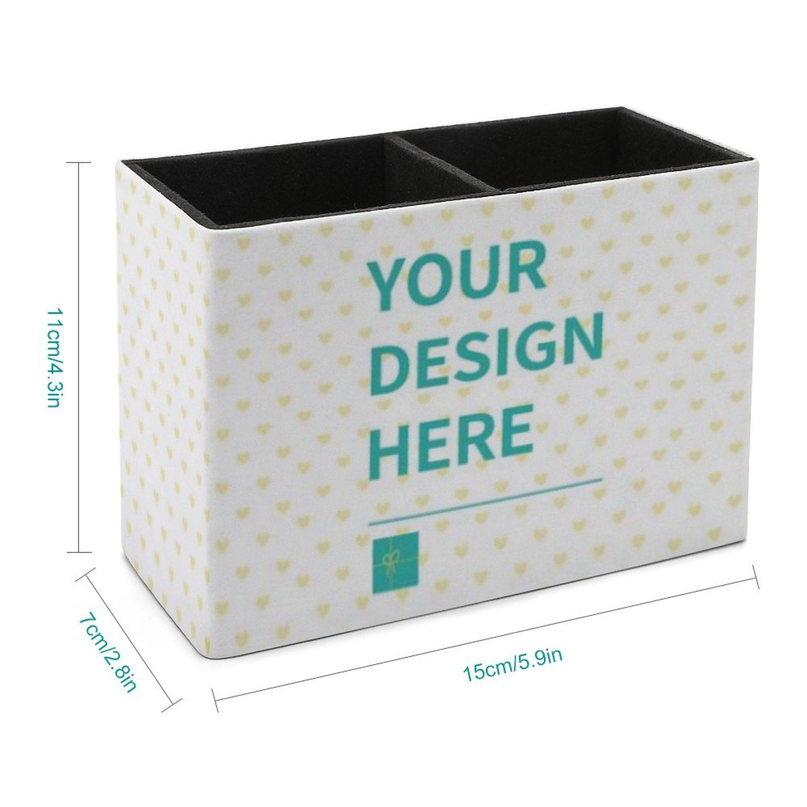 Custom PU leather pen holder with 'YOUR DESIGN HERE' design for office and school supplies.