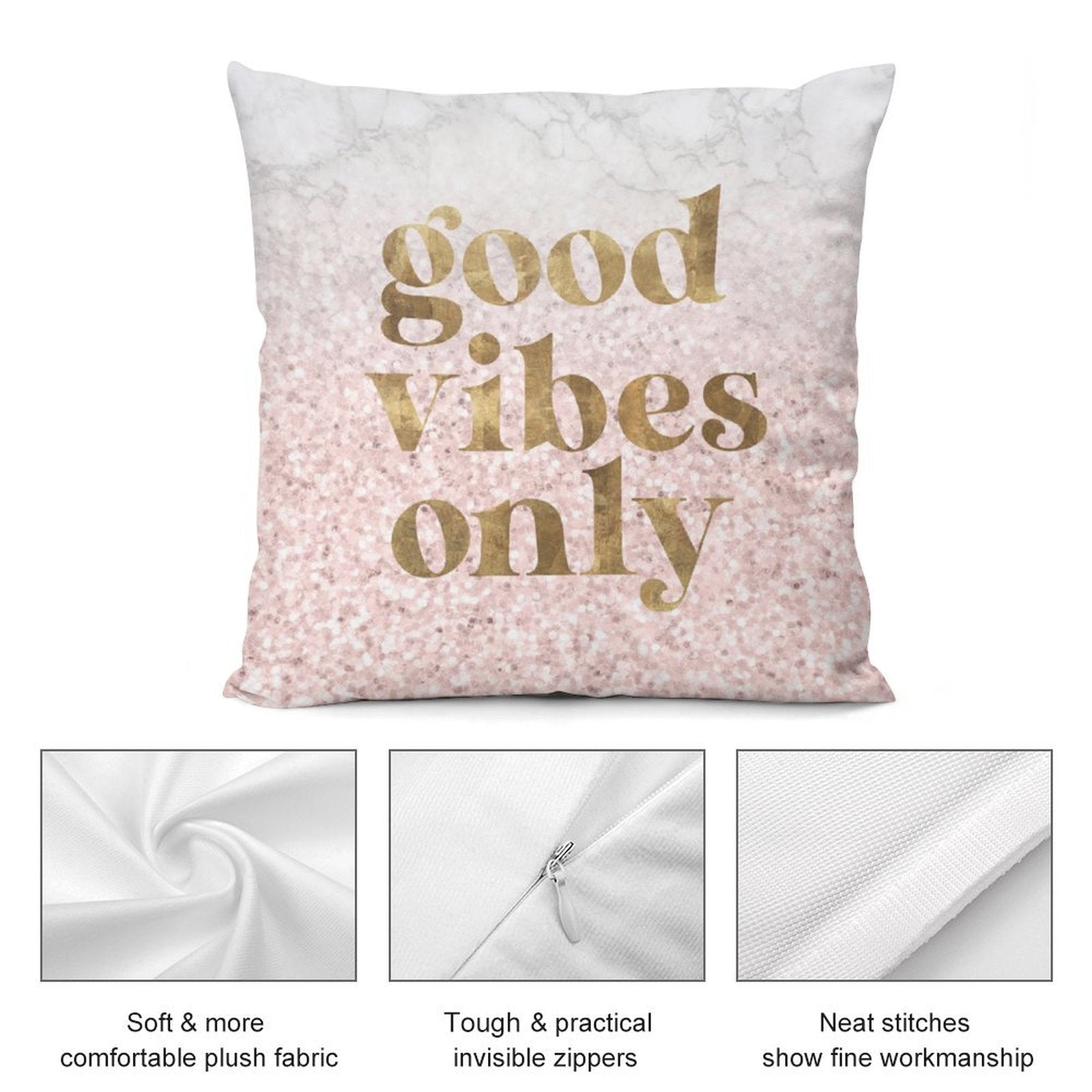 Pink plush pillow cover with 'Good Vibes Only' text, soft fabric and invisible zipper, perfect for sofa decor