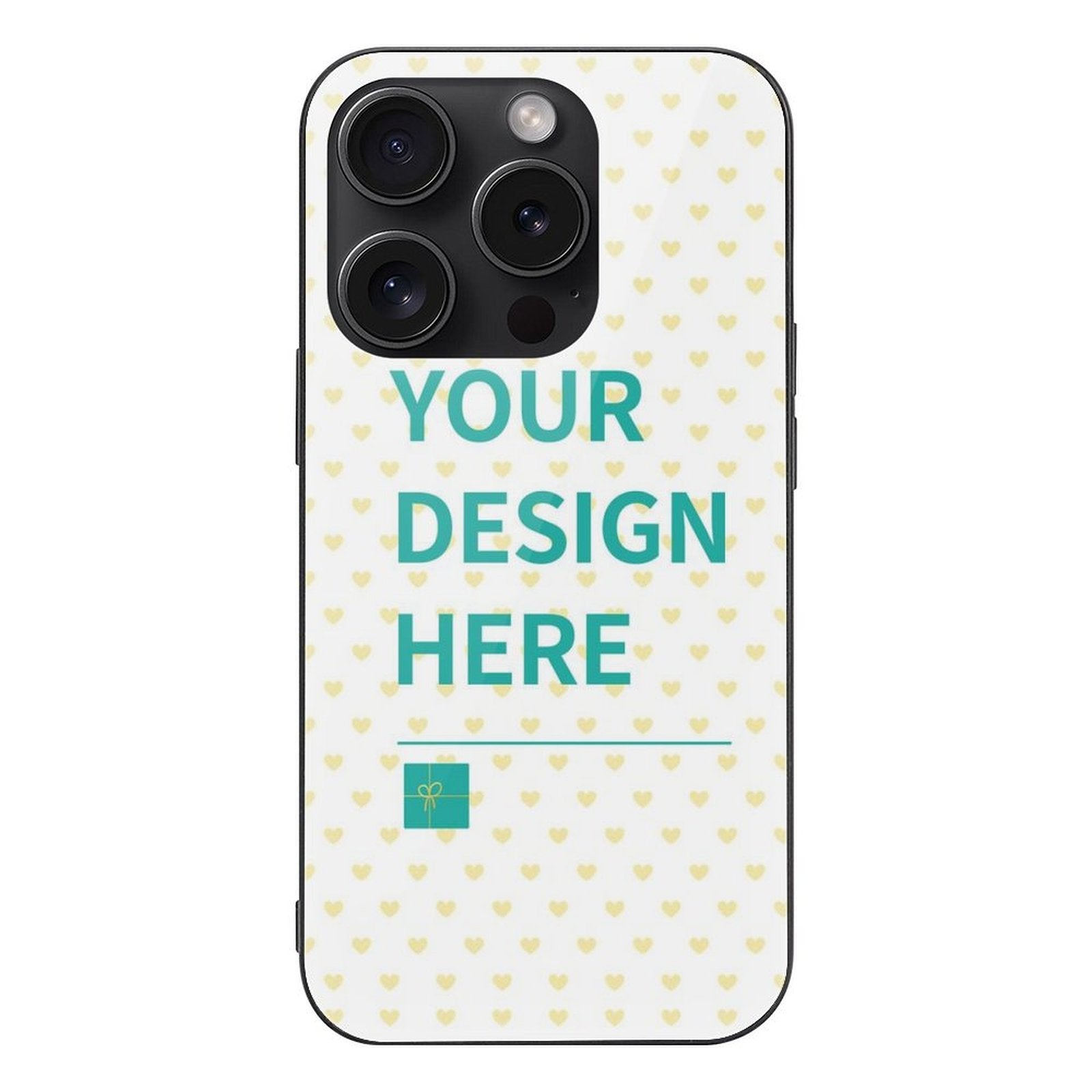 Custom iPhone 15 case with heart pattern, personalized with 'Your Design Here' text