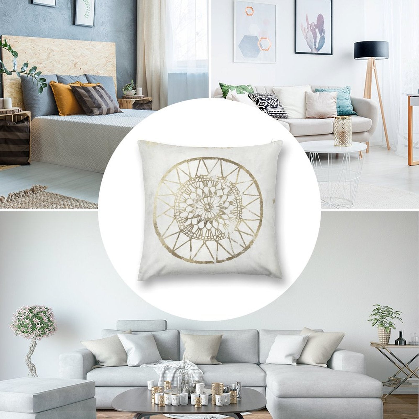 White plush throw pillow cover with golden mandala design for sofa or couch, home decor, decorative pillow