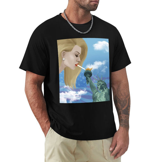 Black Men's Short Sleeve T-Shirt with Pop Art of a Woman and Statue of Liberty, crew neck, cotton tee