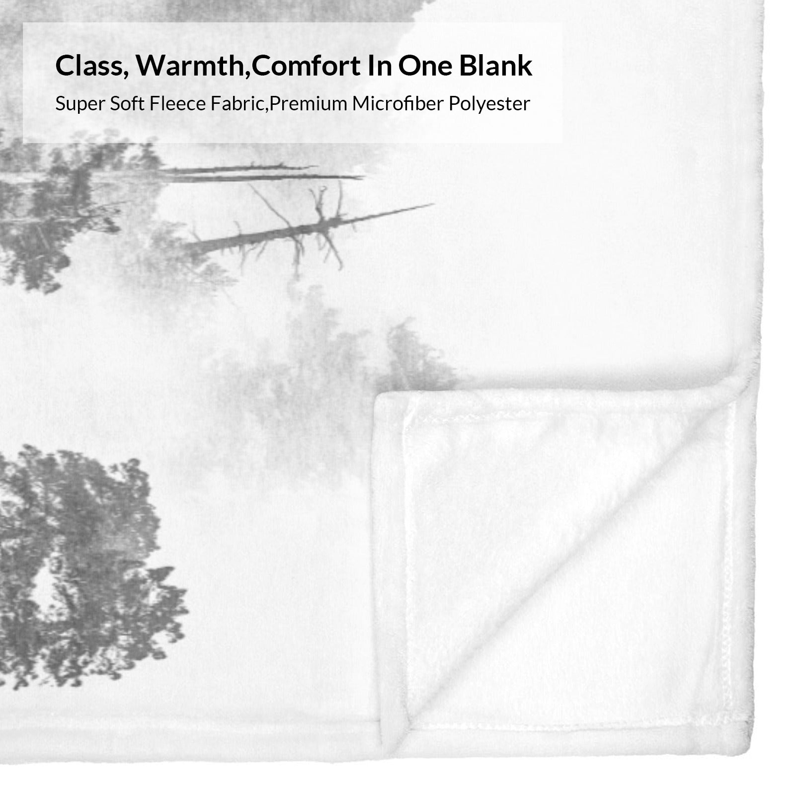 Black and white misty forest fleece blanket, premium microfiber polyester, perfect for home decor and gift