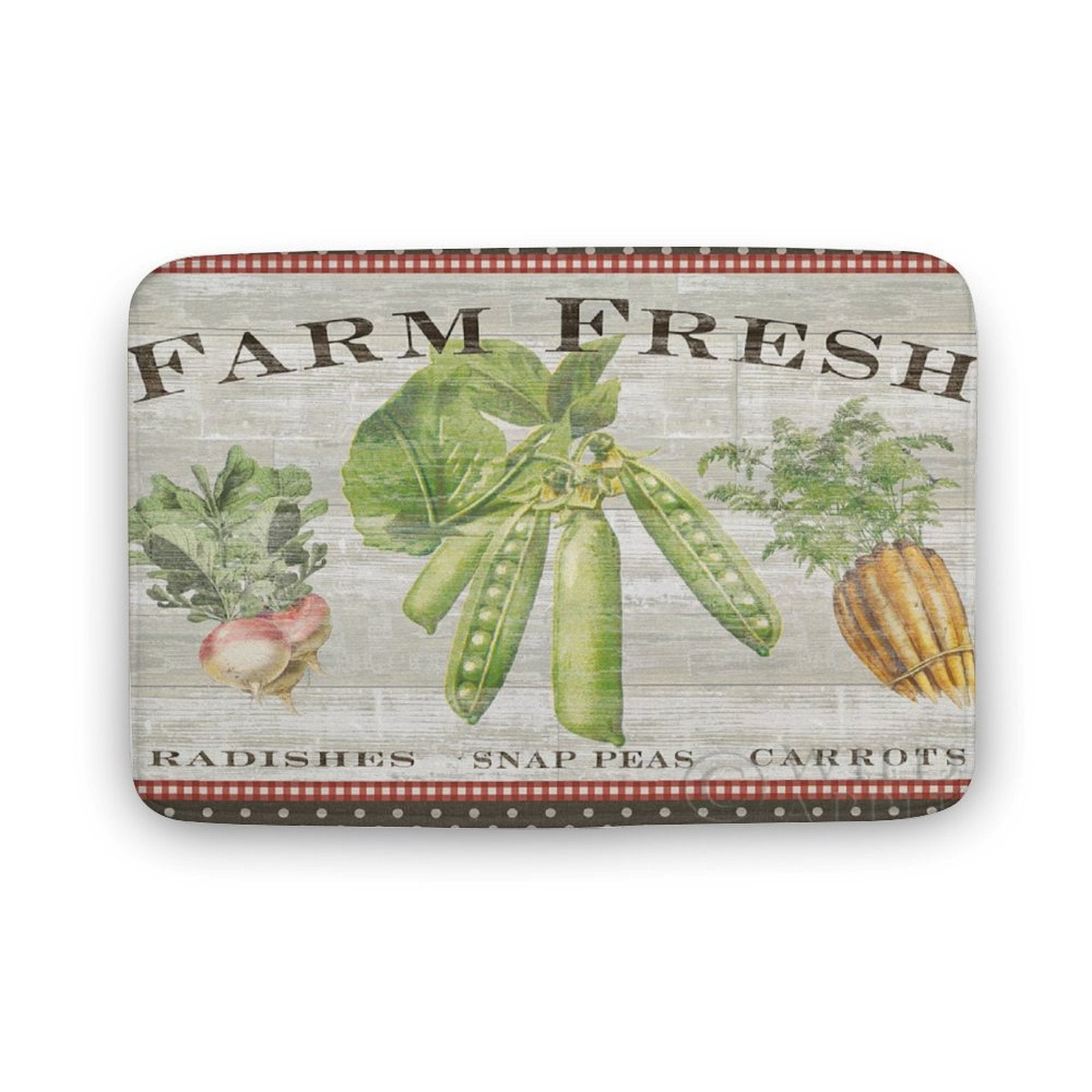 Farm fresh kitchen or bathroom rug with radishes, snap peas and carrots