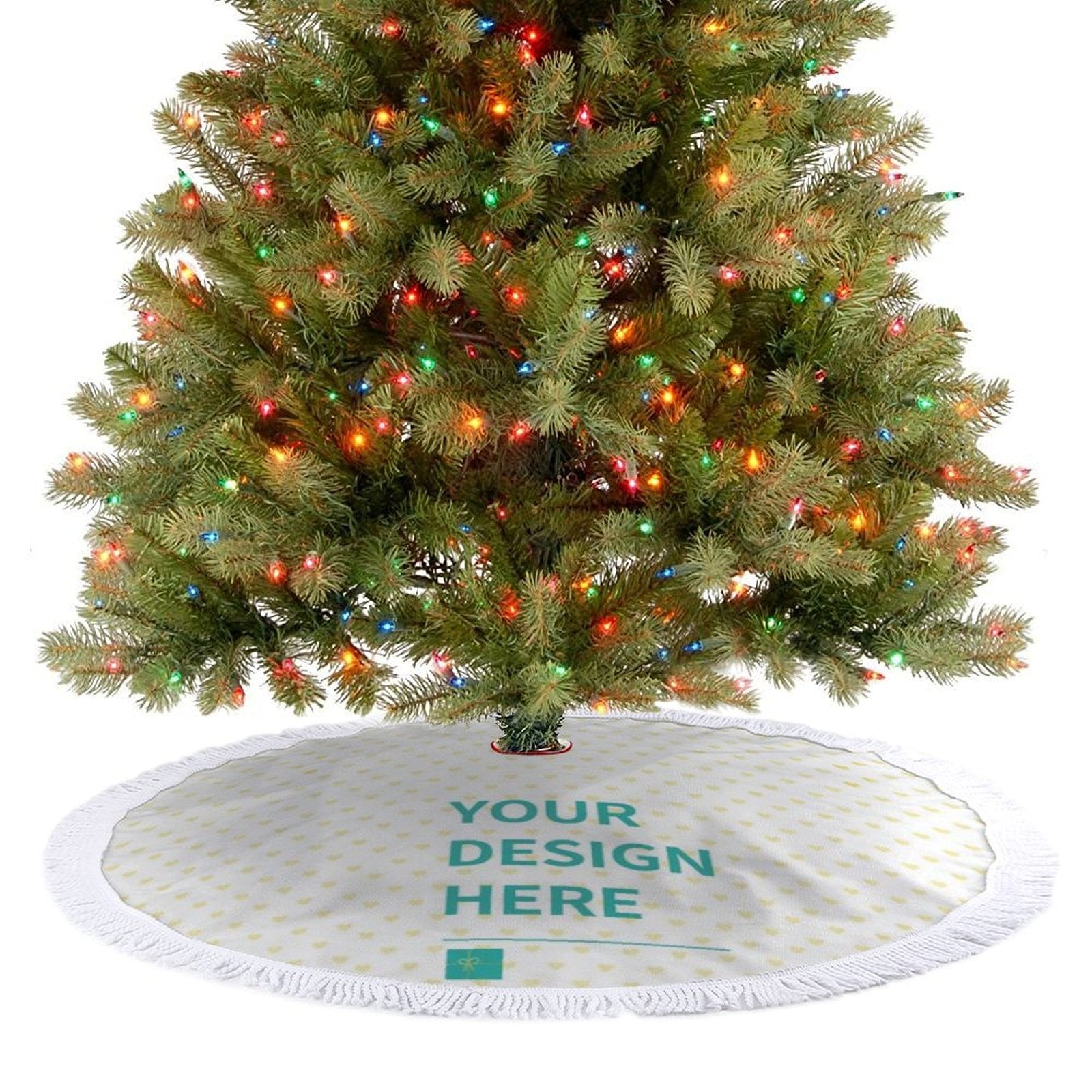 Custom Christmas tree skirt with heart pattern and fringe, personalized for Xmas, with your design