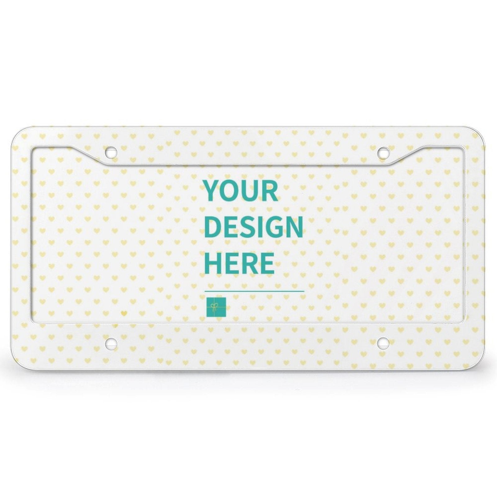 Customizable license plate with Your Design Here text and heart pattern; perfect for gifts.
