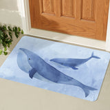 Blue Whale II doormat. Rubber floor mat with watercolor whale design for indoor or outdoor use.