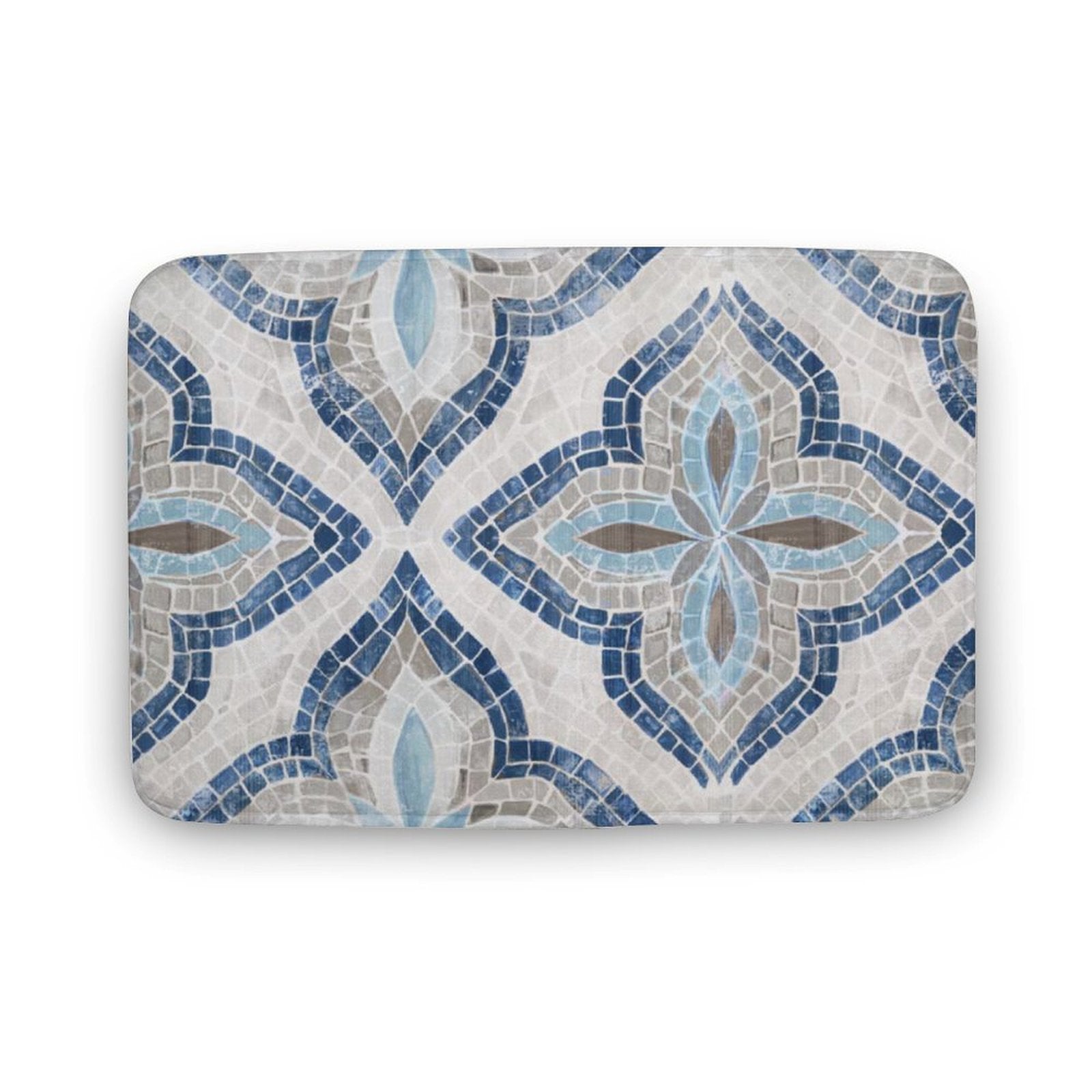 Coral Velvet Bath Rug with mosaic tile pattern in blue, gray, and white; Non-slip and absorbent.