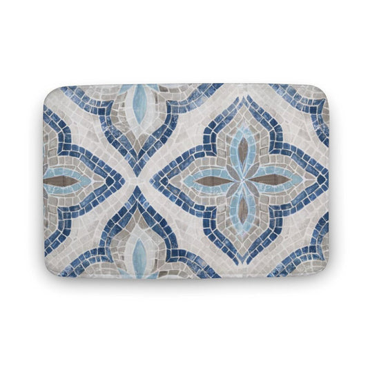 Coral Velvet Bath Rug with mosaic tile pattern in blue, gray, and white; Non-slip and absorbent.