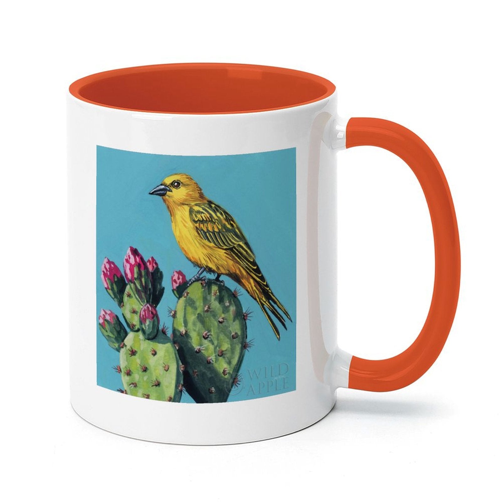 MyArtsyGift ceramic mug with yellow bird and cacti design, orange interior, and handle by WILD APPLE
