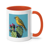 MyArtsyGift ceramic mug with yellow bird and cacti design, orange interior, and handle by WILD APPLE