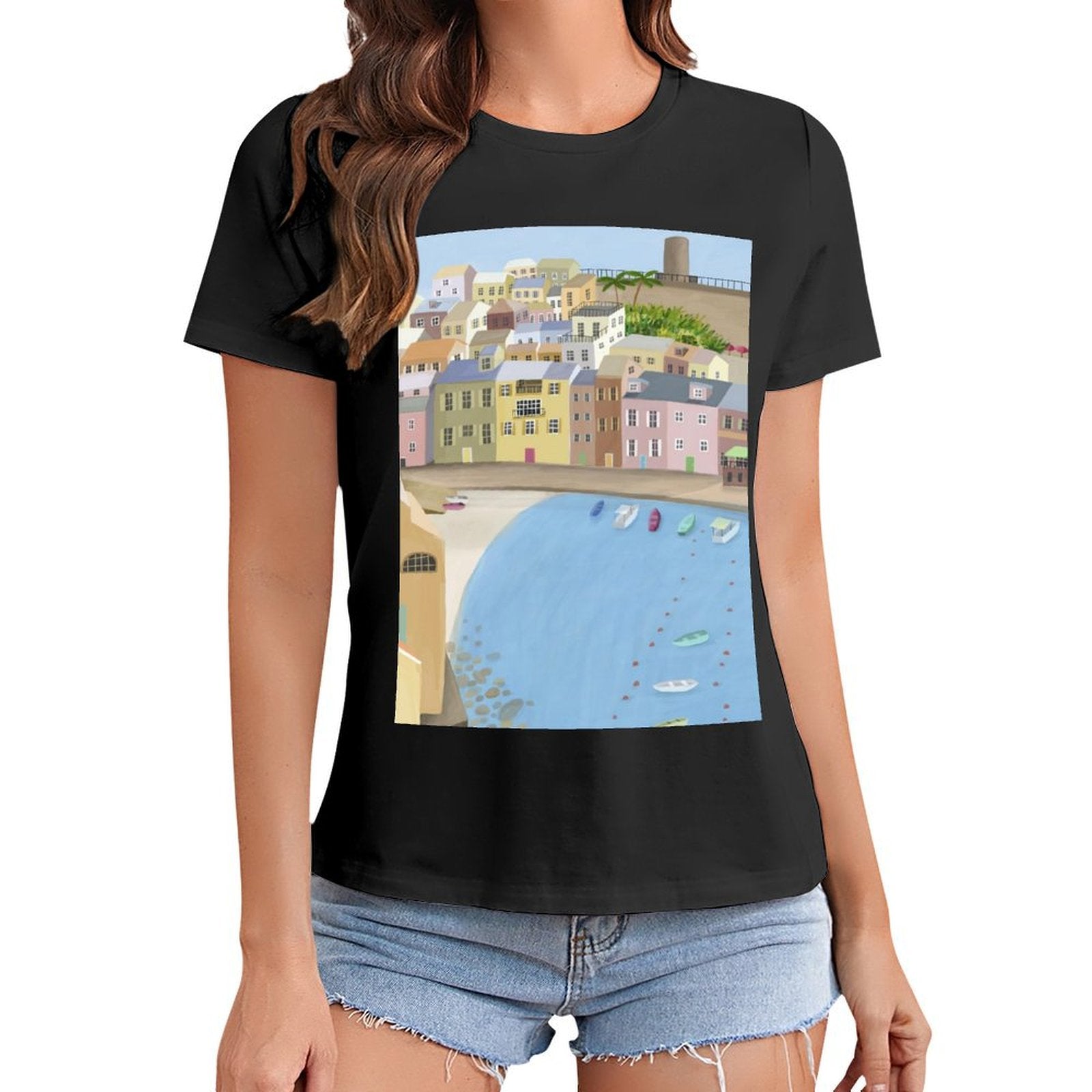 Black crewneck t-shirt with coastal town print. From MyArtsyGift, art lovers clothing.