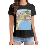 Black crewneck t-shirt with coastal town print. From MyArtsyGift, art lovers clothing.
