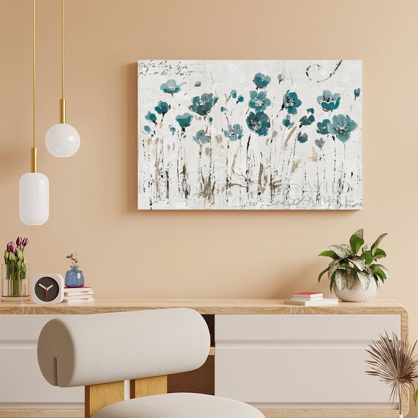 Teal floral canvas print wall art for home decor. Framed print featuring abstract blue flowers.
