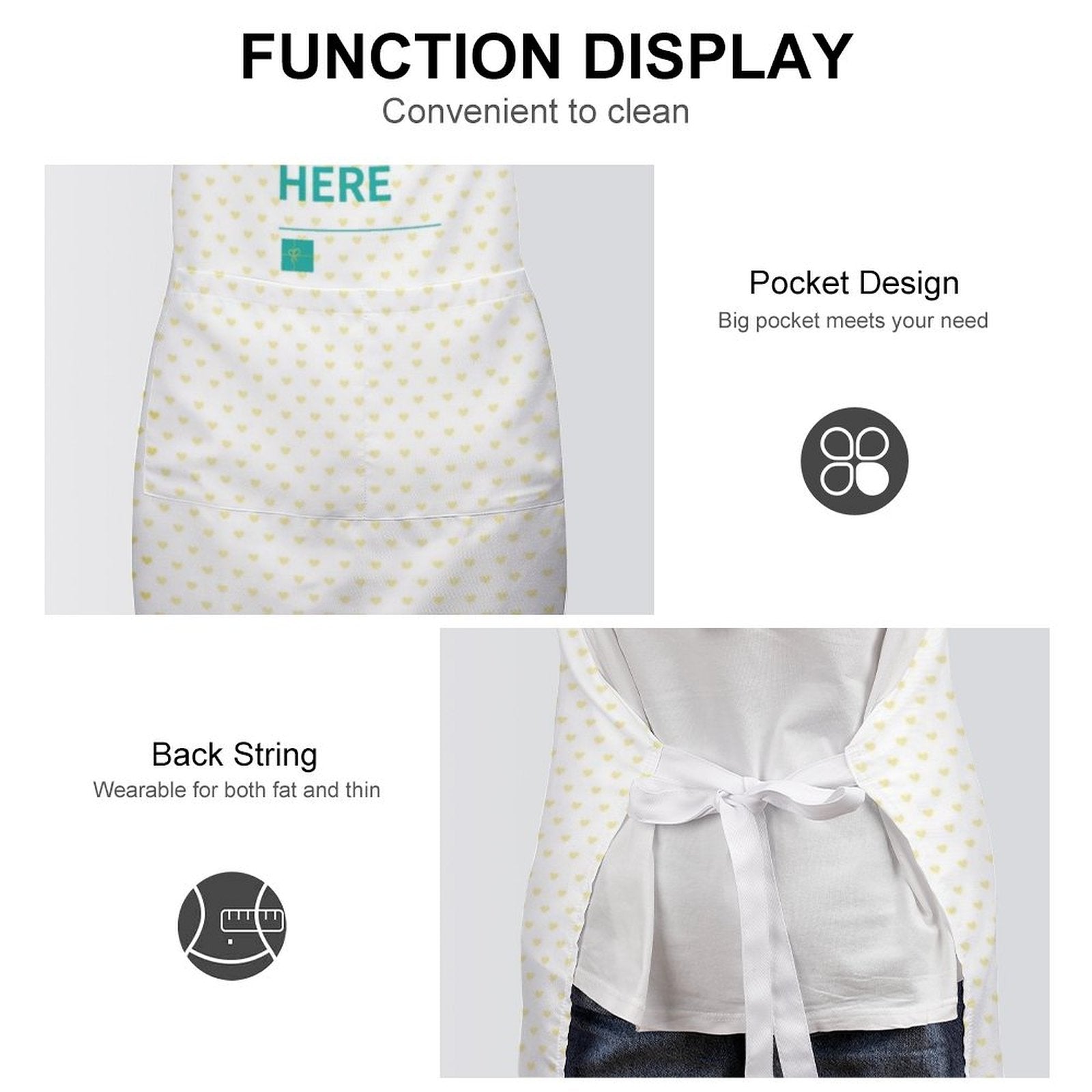 Personalized white apron with pockets, heart pattern, 'HERE' text, polyester material for cooking and BBQ.