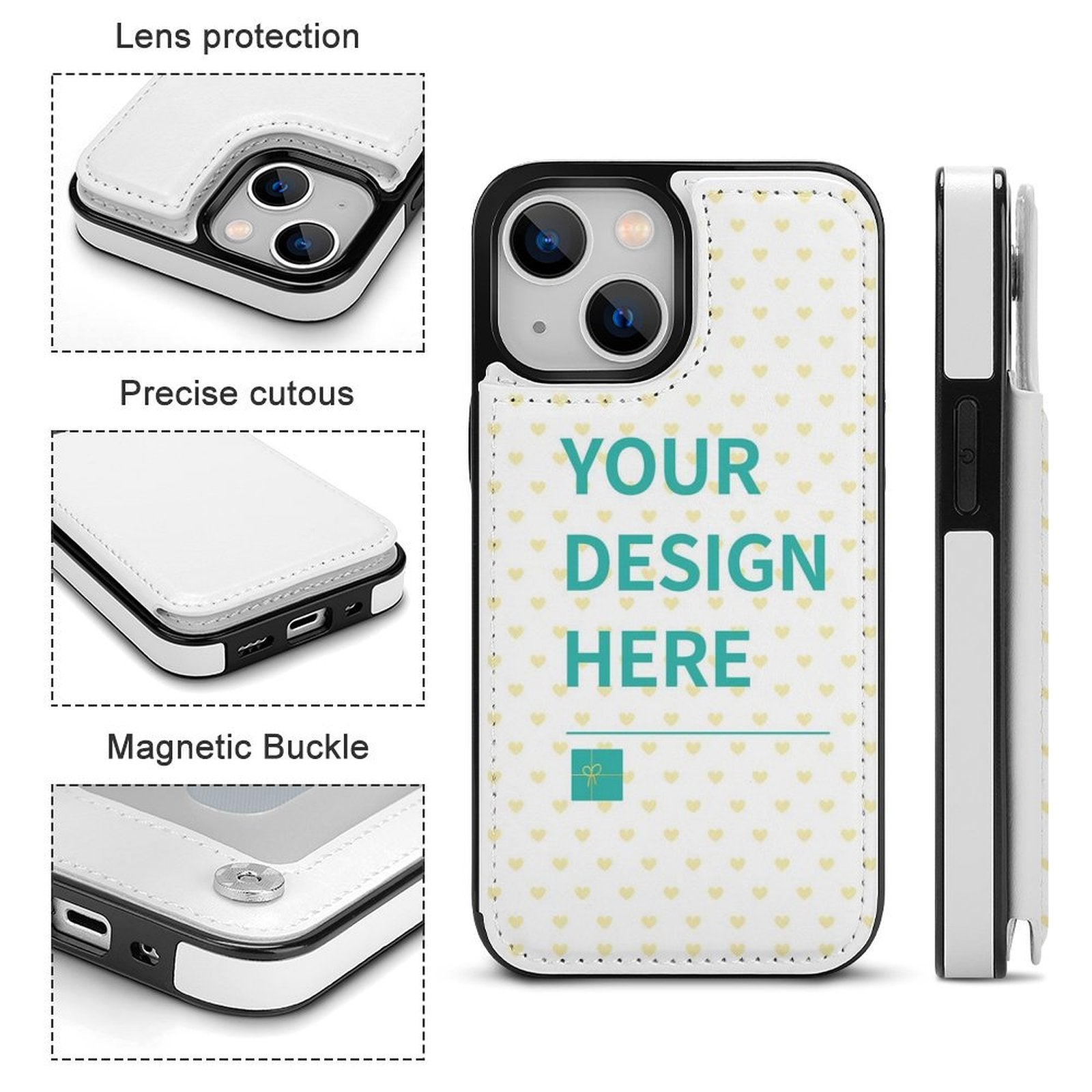 Customizable iPhone 14 flip phone case with 'YOUR DESIGN HERE', white PU leather, and magnetic closure.