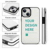 Customizable iPhone 14 flip phone case with 'YOUR DESIGN HERE', white PU leather, and magnetic closure.