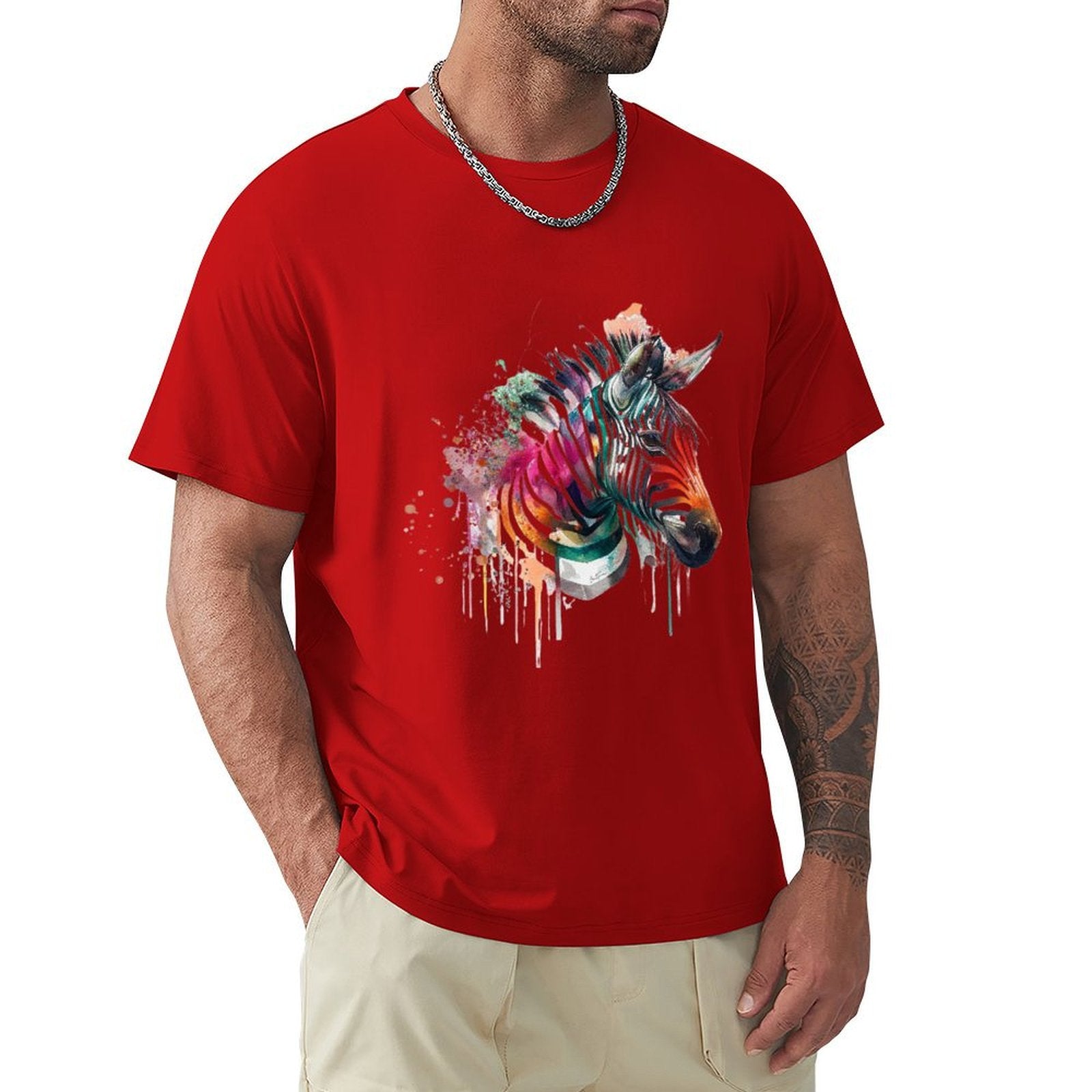 Men's red cotton crew neck T-shirt with colorful watercolor zebra design, MyArtsyGift.