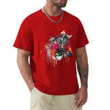 Men's red cotton crew neck T-shirt with colorful watercolor zebra design, MyArtsyGift.