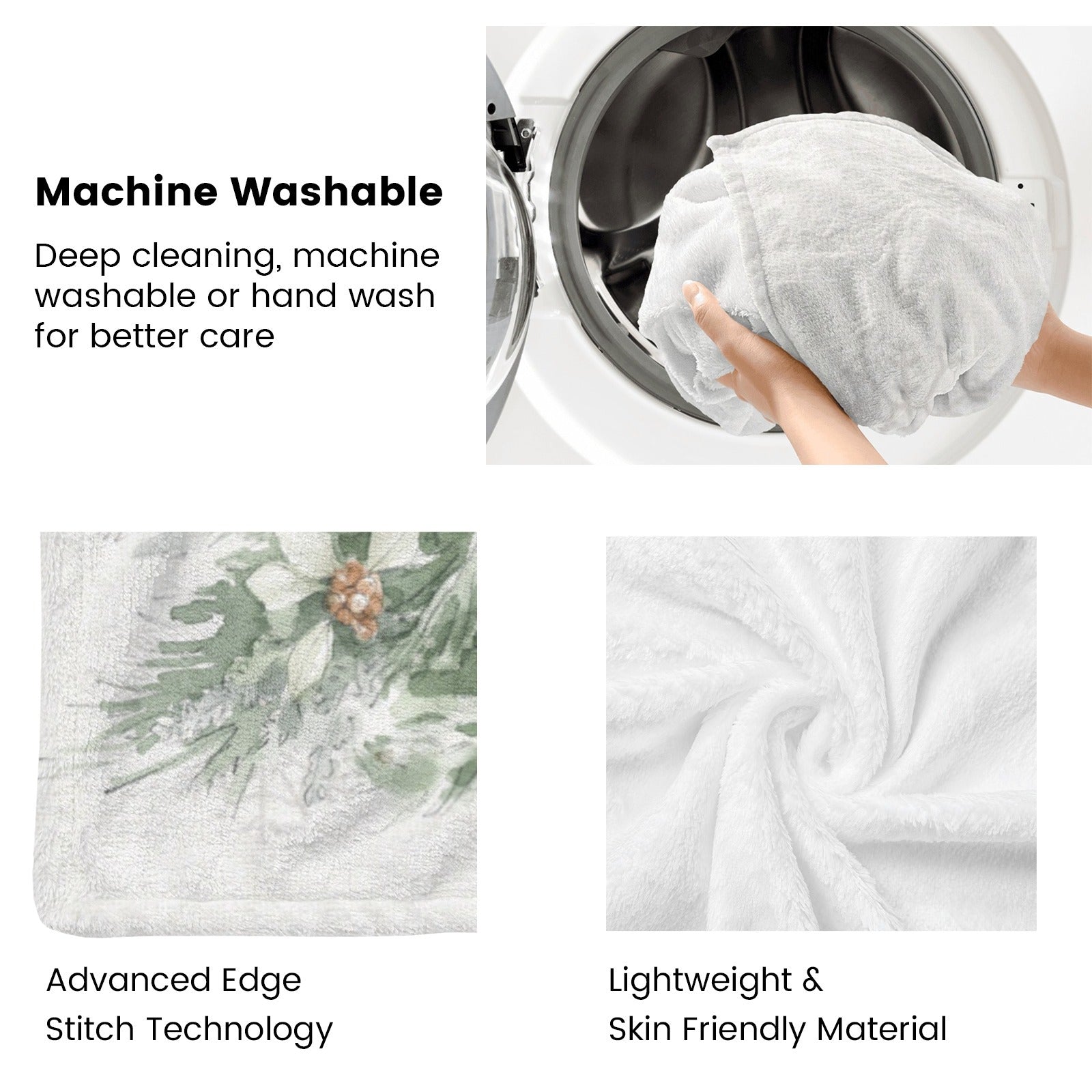 Winter Christmas Tree Flannel Blanket details: machine washable, soft, lightweight, with advanced stitch technology