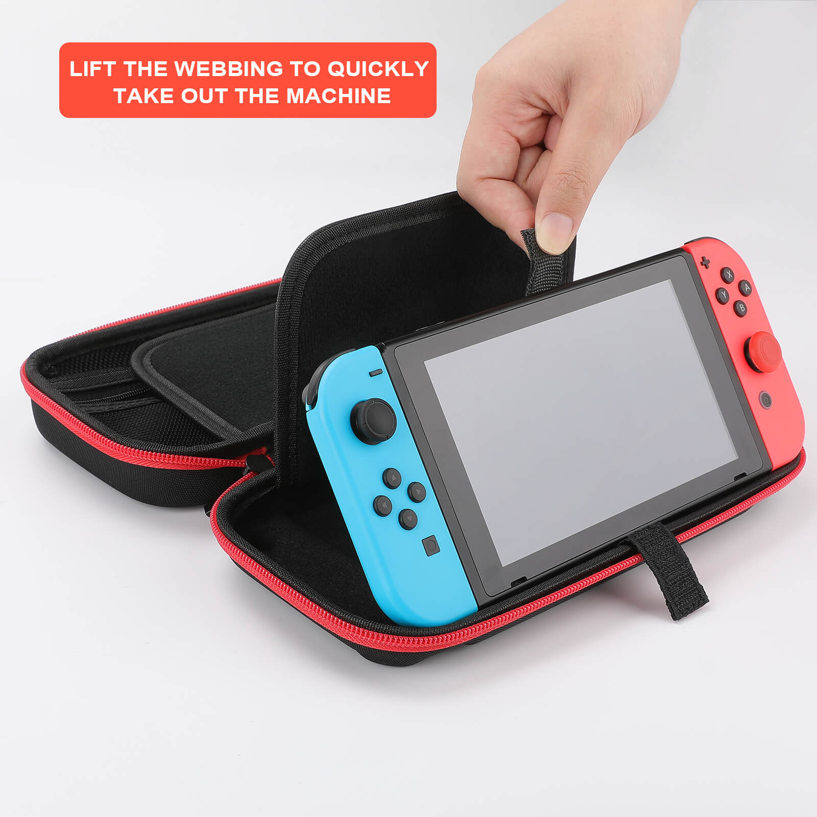 Nintendo Switch carrying case, black with red trim, featuring easy access design and protective material.