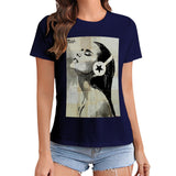 MyArtsyGift women's navy graphic tee with art print of woman with star headphones; classic design.