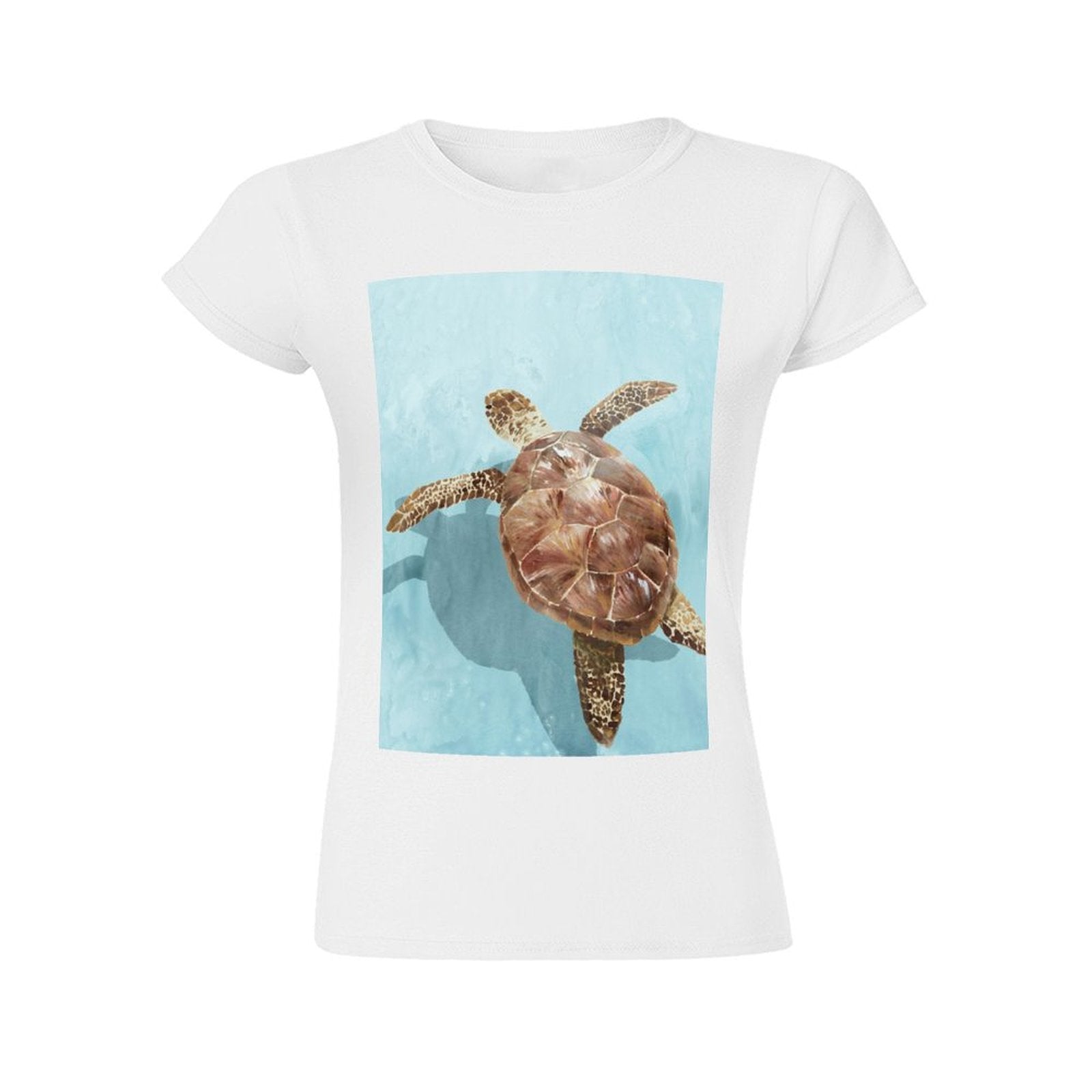 Women's white crewneck t-shirt with sea turtle graphic print for casual wear