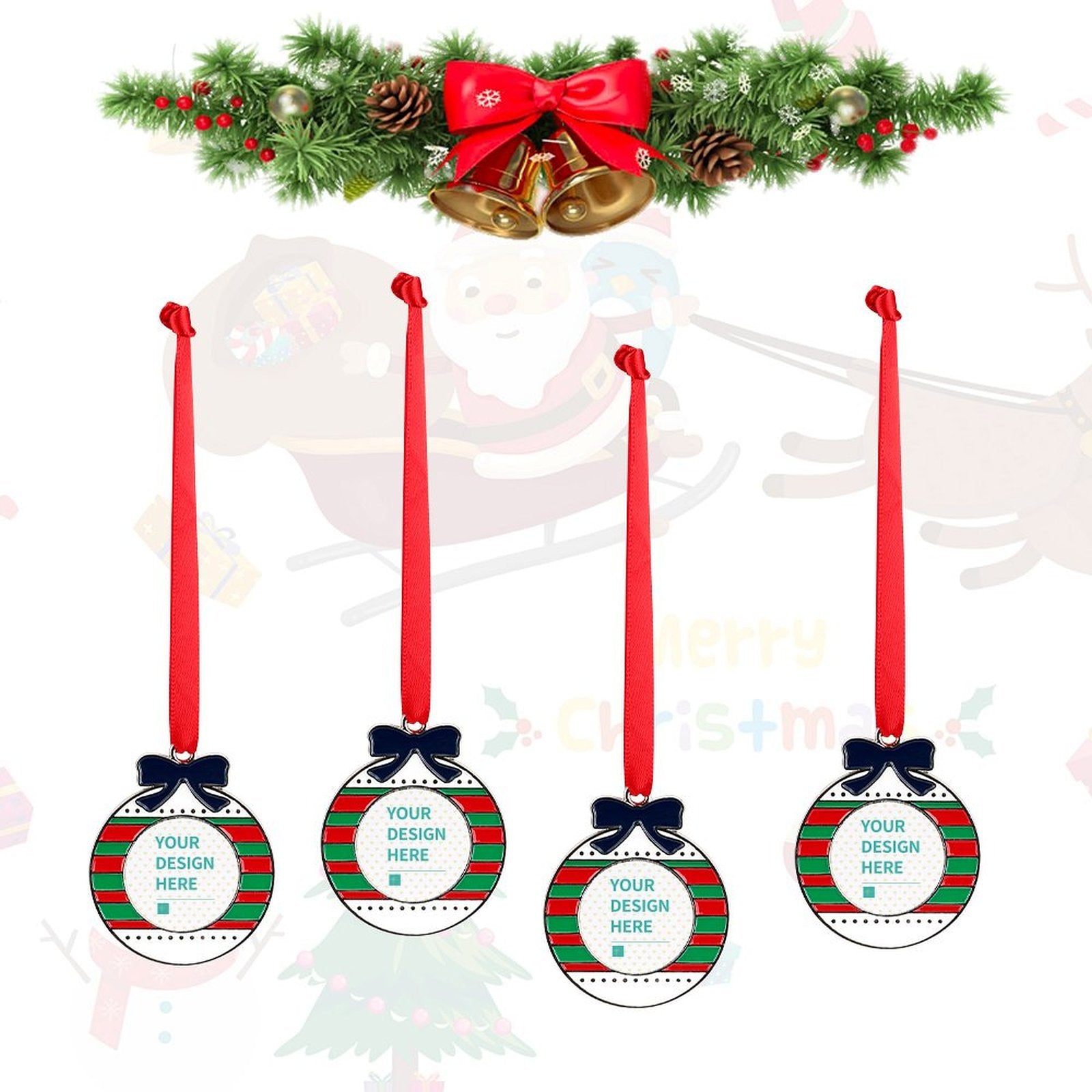 Personalized alloy Christmas ornaments with red ribbon for Xmas tree decoration, customizable with YOUR DESIGN HERE.