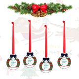 Personalized alloy Christmas ornaments with red ribbon for Xmas tree decoration, customizable with YOUR DESIGN HERE.