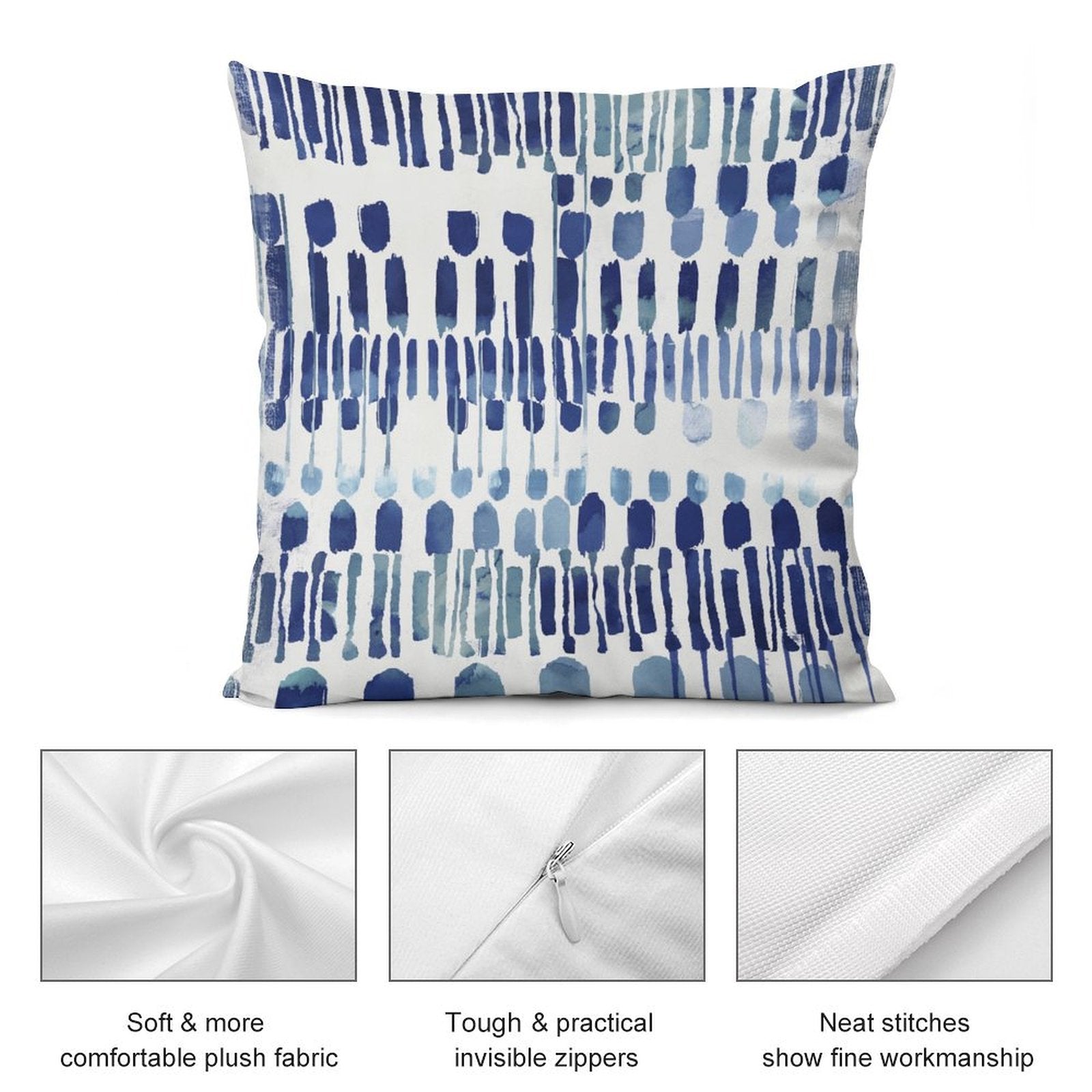 Blue abstract brushstroke plush pillow cover from MyArtsyGift, featuring soft fabric, invisible zippers, and neat stitching.