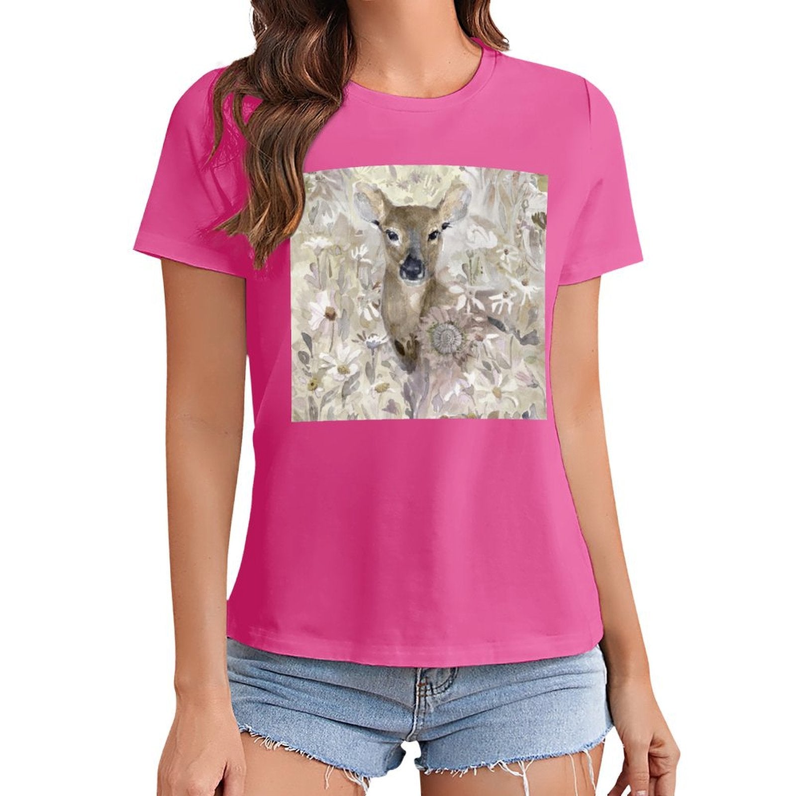 Women's pink t-shirt with deer graphic print, short sleeve crewneck, casual wear, MyArtsyGift