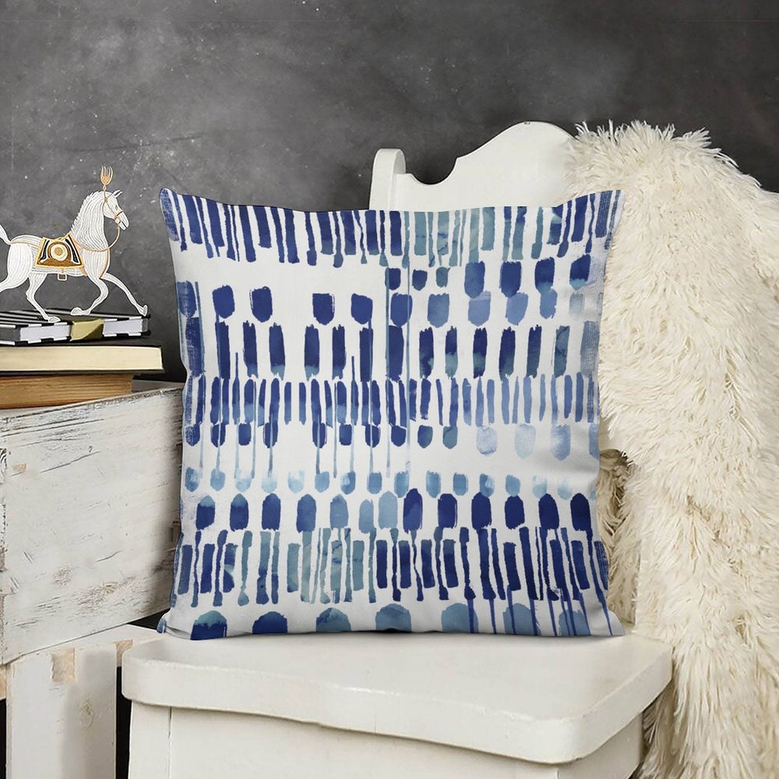 Soft plush throw pillow cover with blue abstract design for sofa, couch and living room decor. Comfortable and fluffy.