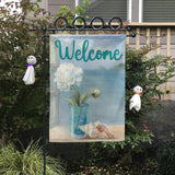 Coastal Floral Welcome Garden Flag, double-sided, with white flowers, seashell, and beach art, made in USA