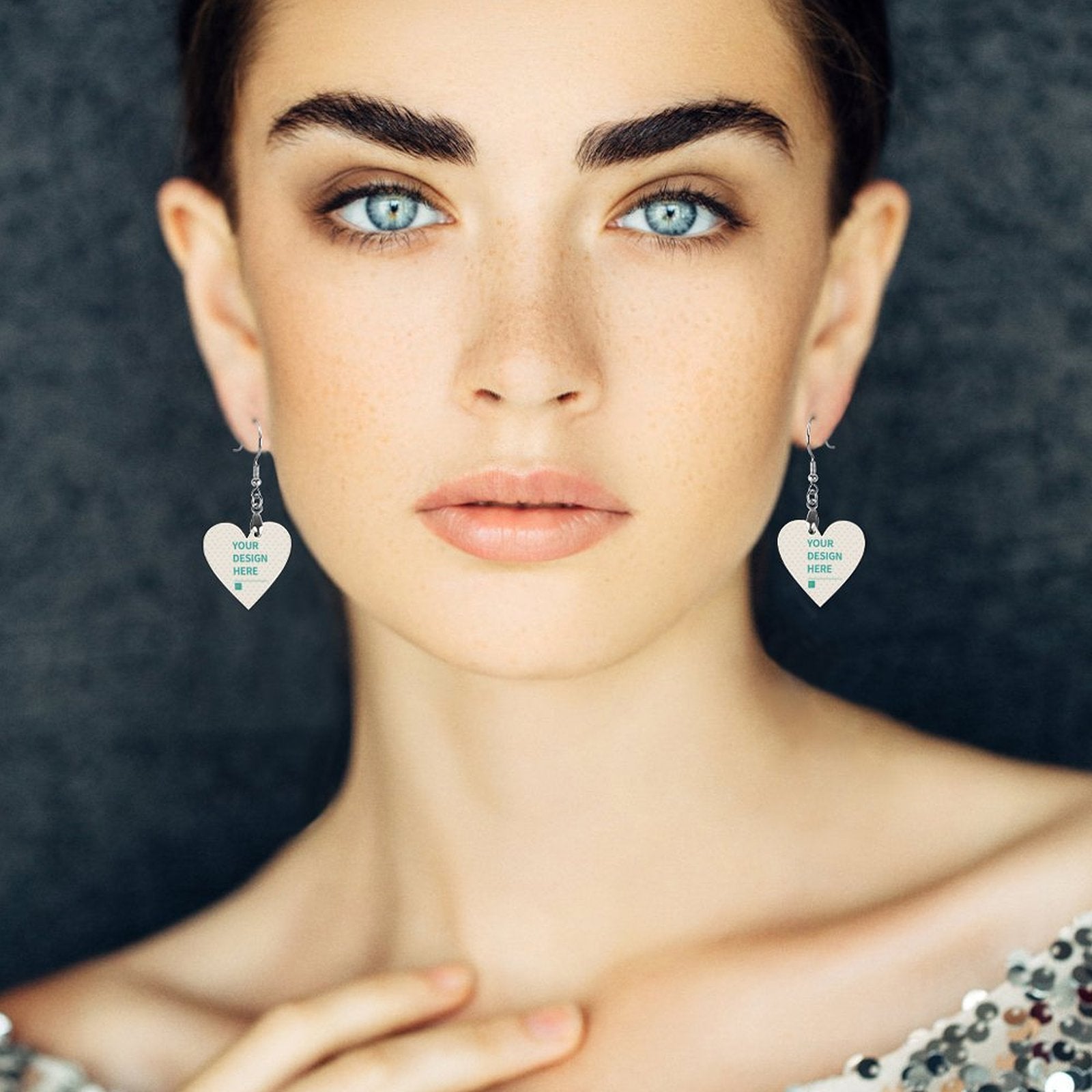 Custom heart drop earrings with your design, wooden earrings for women. Features 'YOUR DESIGN HERE' text.