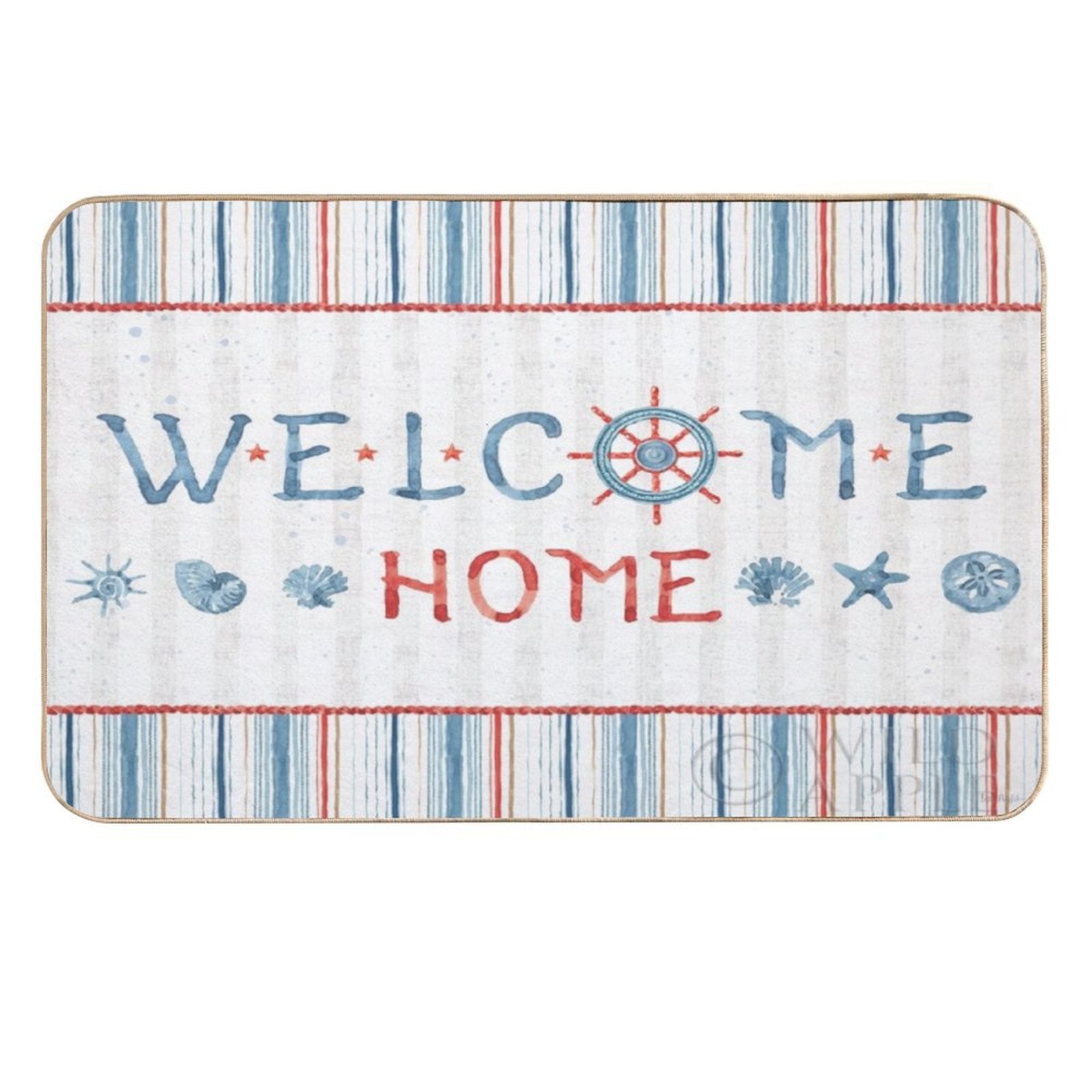 Nautical welcome home floor mat. Striped blue and red design with seashells and ship wheel. Washable doormat